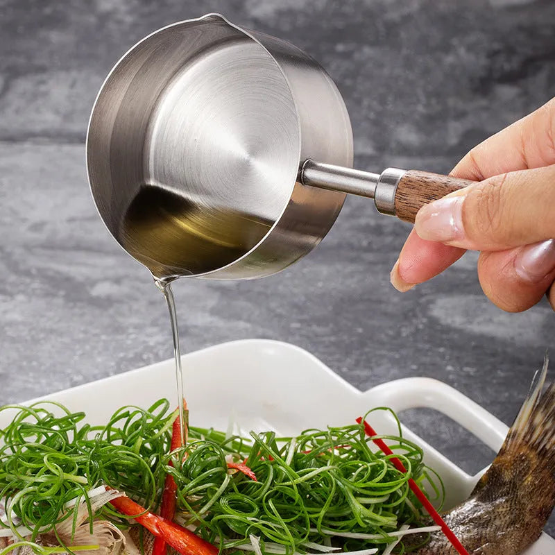 304 stainless steel dog food scoop with wooden handle and measuring cup design for dry pet food, small and large sizes available.