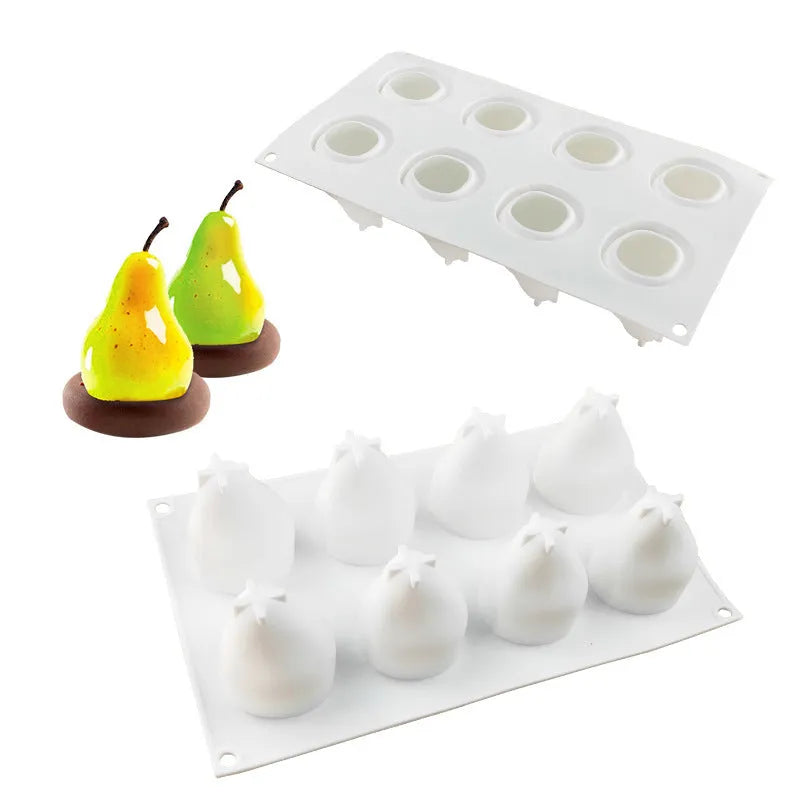 Silicone baking mould with six fruit-shaped cavities including pineapple and pine cone designs for Italian mousse