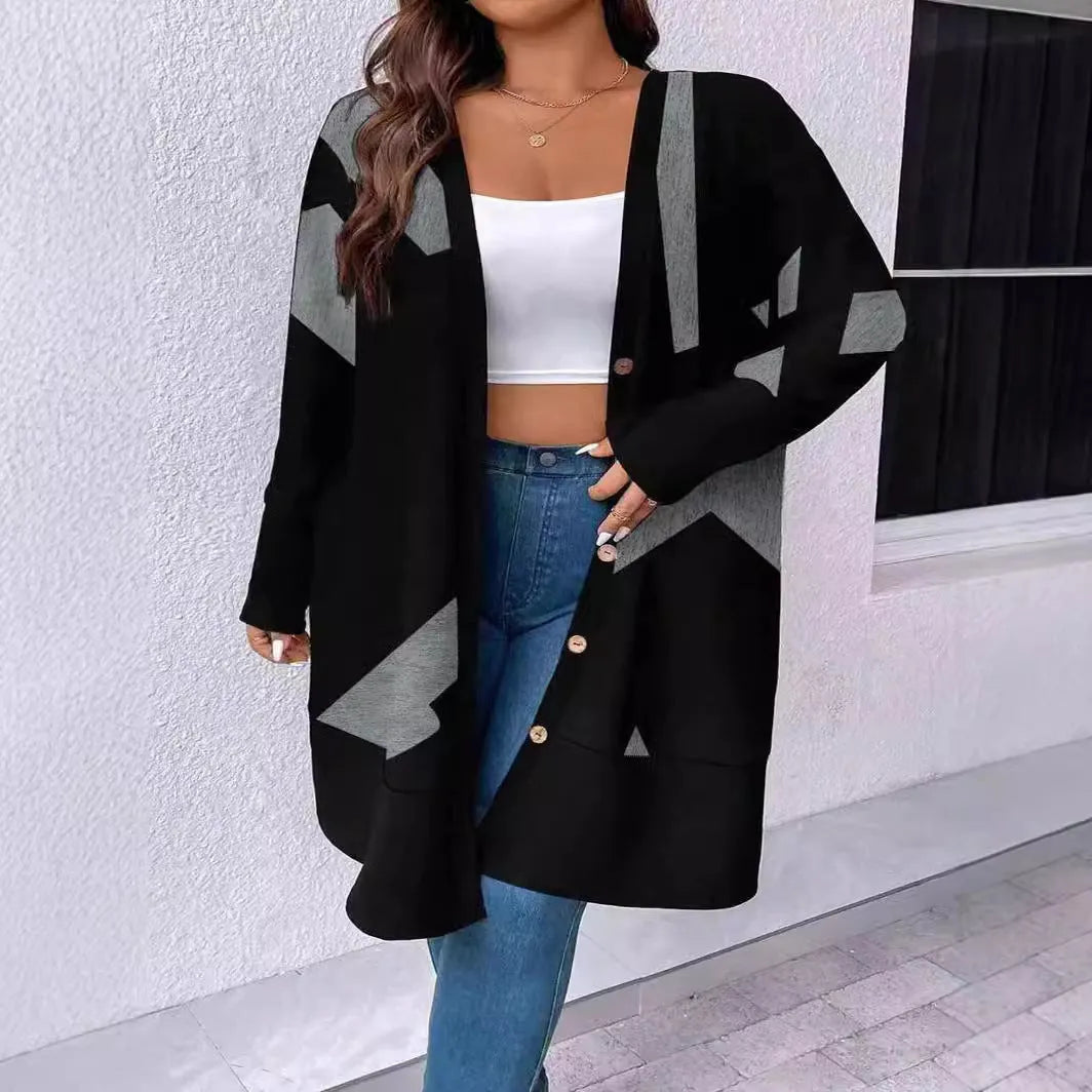 Black loose casual plus size knitwear cardigan with button stitching and printing, shown in Japanese Korean style
