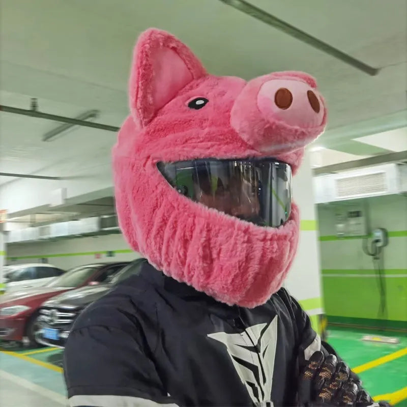 Pink pig cartoon design plush hood for covering a motorcycle helmet