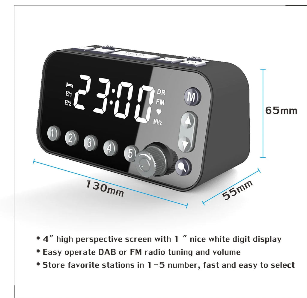 Black DAB bedside alarm clock with upgrade antenna, large LED display and USB charging ports