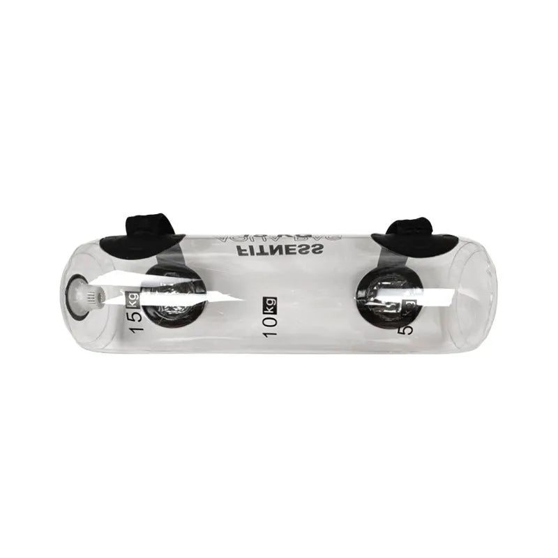 Transparent PVC water filled weight bag showing water level, approximately 50cm length, with inflation valve and soft construction for strength training