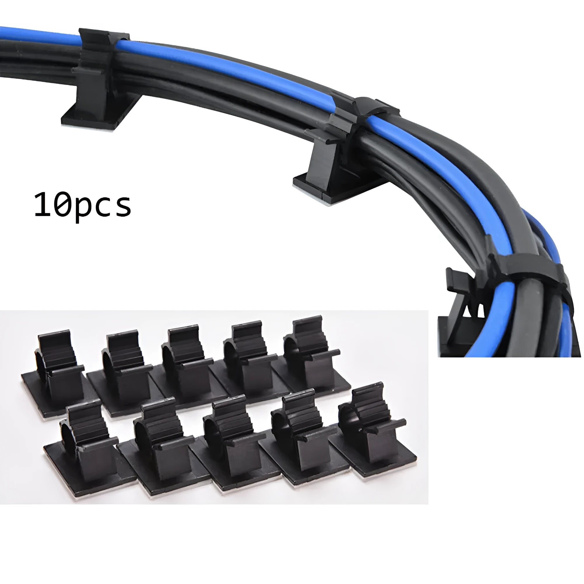 Ten black nylon adhesive cable clamps with two-stage lock for 13mm wires.