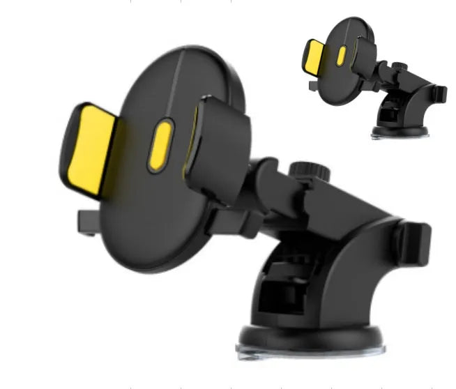 Yellow and black car phone holder with telescopic arm and suction cup on a dashboard