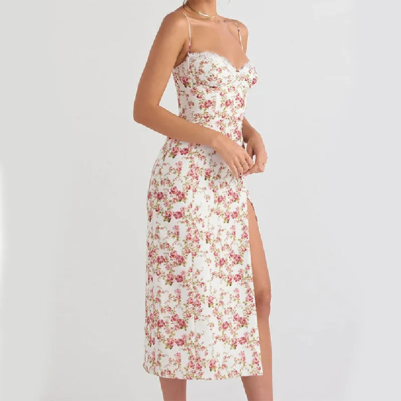 Women's lace flowers print long dress with side slit and adjustable suspender straps in blue, green, or red