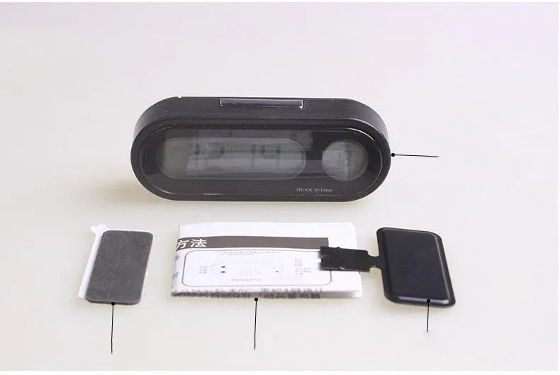 Black car clock thermometer measuring 7.5cm with digital LED display showing time and temperature