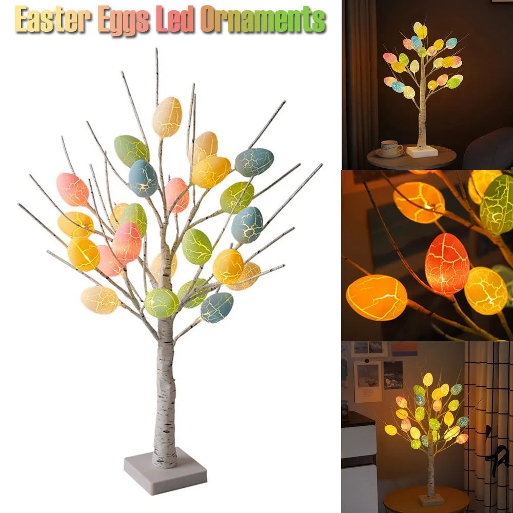 60cm white LED birch tree light with black bark lines and cracked egg ornaments on adjustable branches