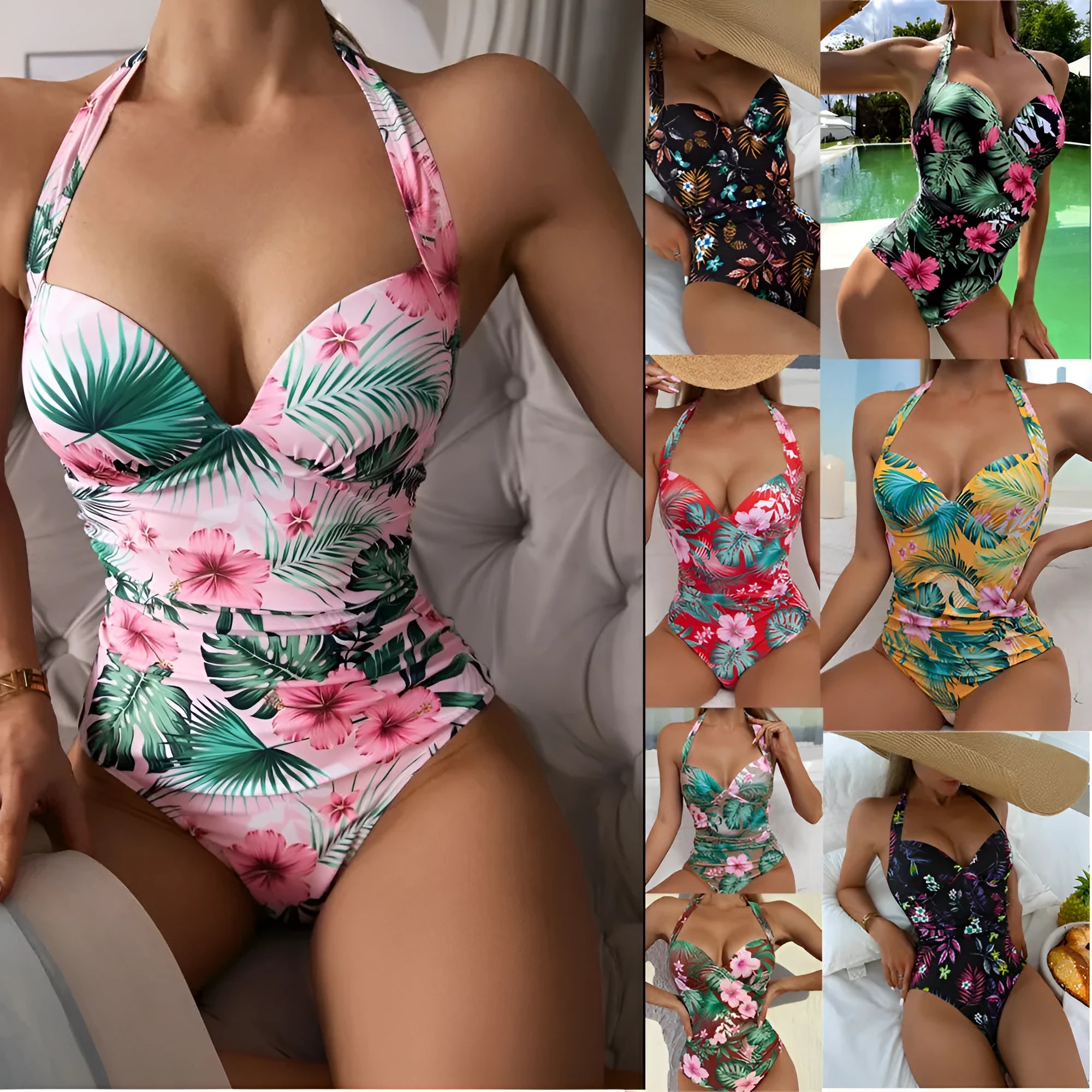Printed halter neck one-piece swimsuit with a backless design on a mannequin.