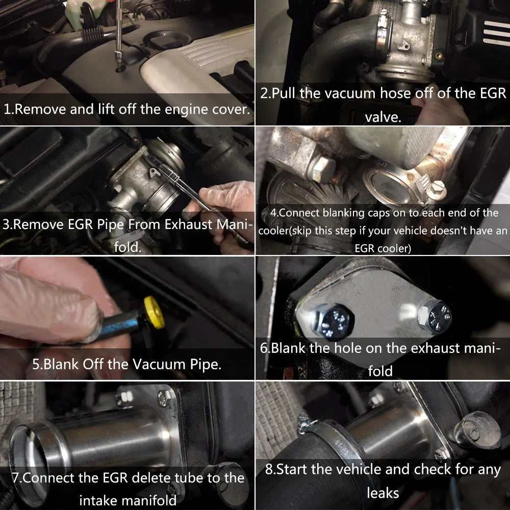 BMW E46 diesel EGR removal kit showing metal pipe, blanking plates, bolts, vacuum plug, and cable ties