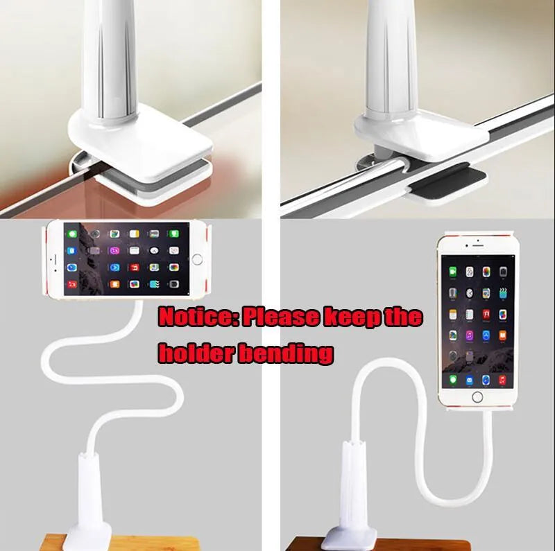 Bedside oversize flat panel handset holder with long arm and adjustable angle for mobile phones