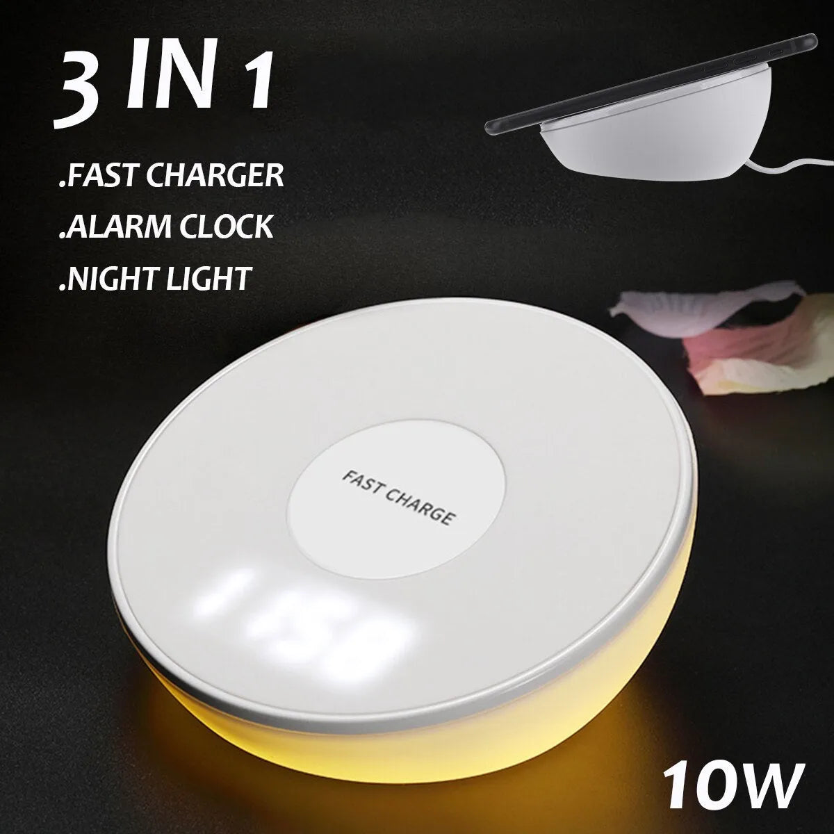 White wireless charger with clock display, 10W fast charging for mobile phones, dimensions 115mm by 24mm by 55mm