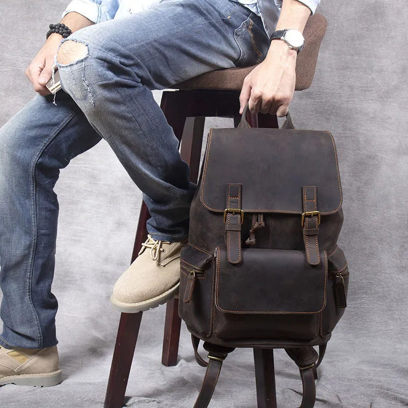 Brown Retro Crazy Horse genuine leather backpack with double straps and soft handle