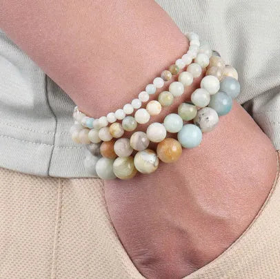 Handmade bohemian natural stone beaded bracelet, unisex, 4mm to 10mm shiny Amazon style beads