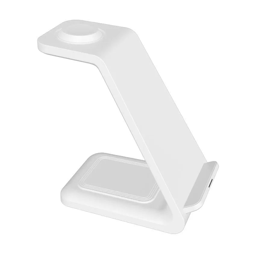 White 3-in-1 wireless charger with phone in upright holder, earbuds on charging pad, and smartwatch on charger