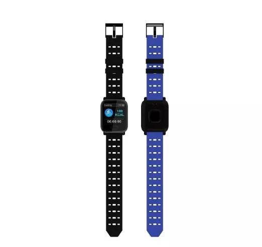 A6 smart bracelet with colour screen showing fitness metrics, silicone strap in blue, black, or orange options