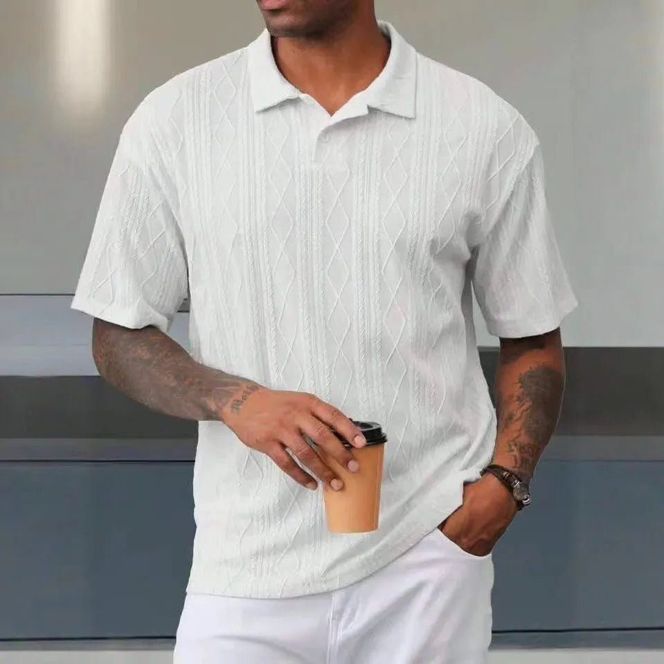 Retro button lapel short sleeve cotton blend T-shirt in solid colour with slit detail