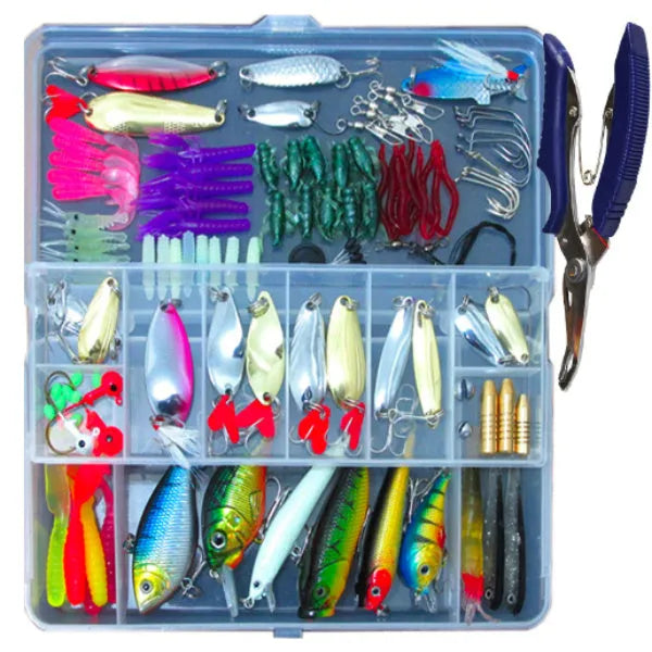 132-piece fishing lure set with rose red soft baits and high-carbon steel hooks in compact 21cm case
