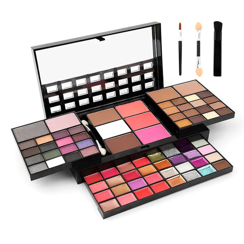74-colour makeup set with 4-layer compact, eyeshadows, lip glosses, and brushes on display