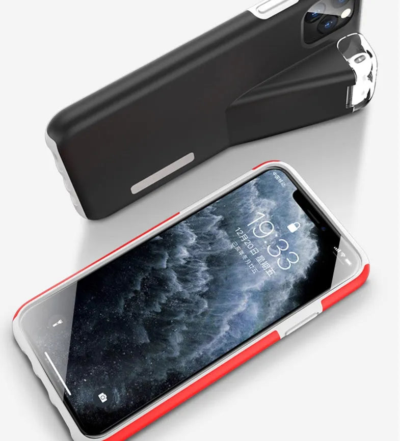 Black phone case with a slot on the back holding a white AirPods charging case