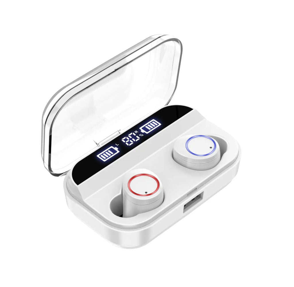 Black X11 Bluetooth wireless earbuds with charging case showing touch controls and included ear sleeves