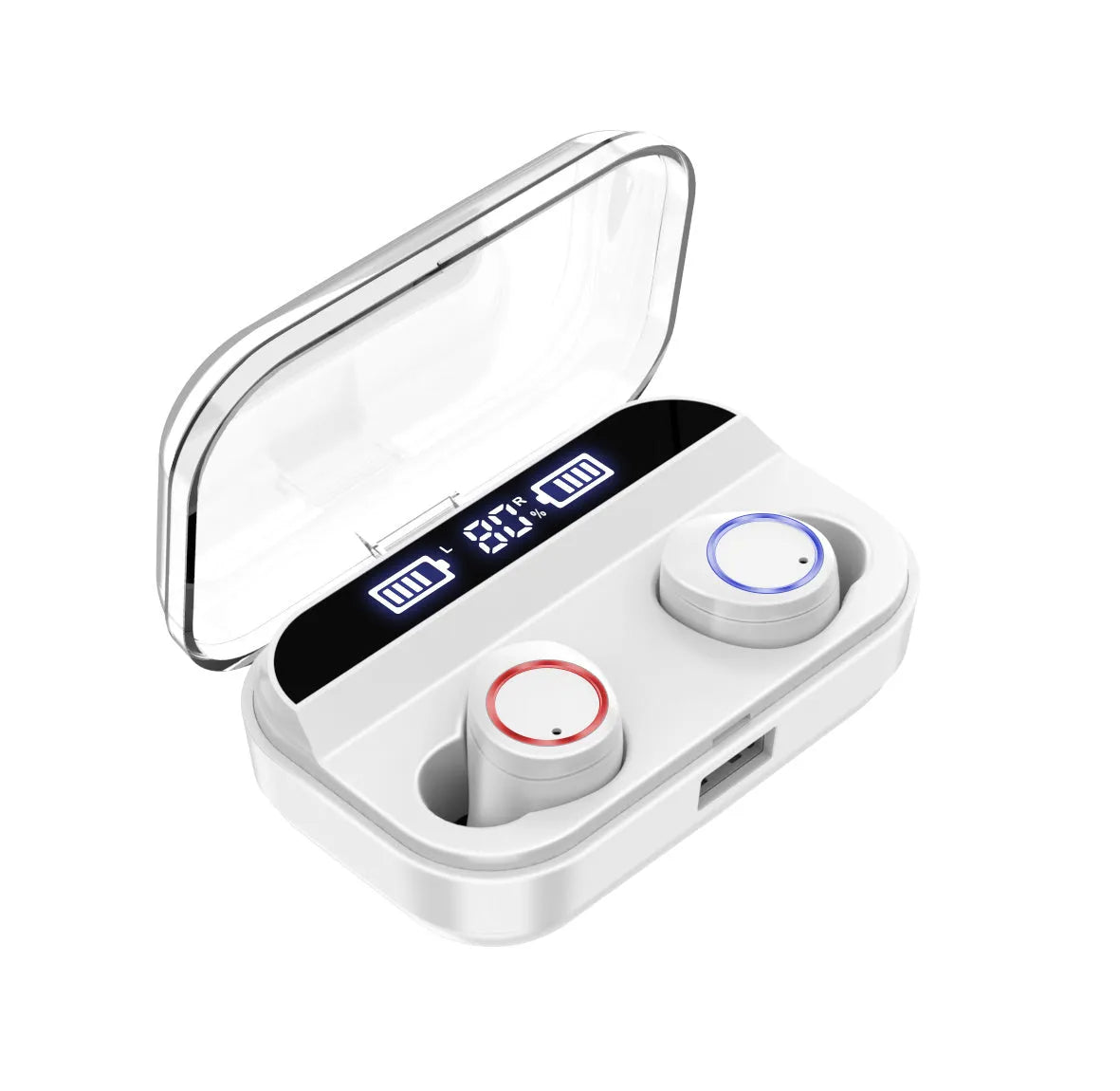 Black X11 Bluetooth wireless earbuds with charging case showing touch controls and included ear sleeves