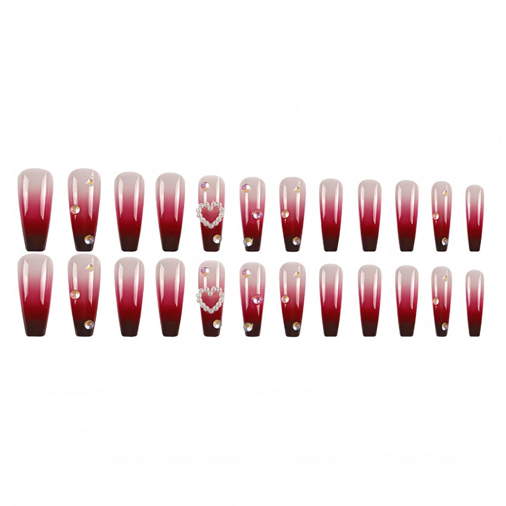 Wine red gradient fake nail tips with plaid heart pattern in long ballet shape