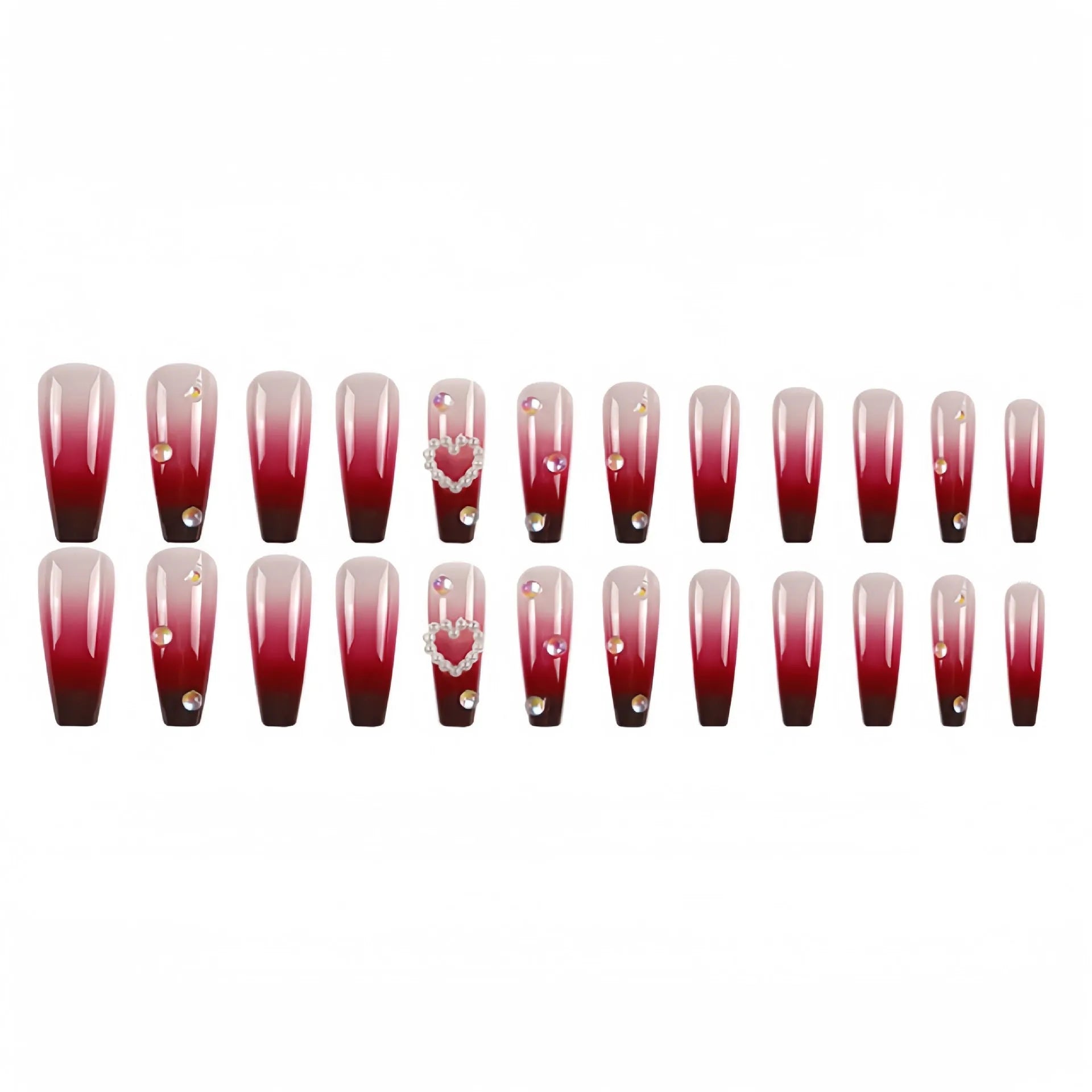 Wine red gradient fake nail tips with plaid heart pattern in long ballet shape