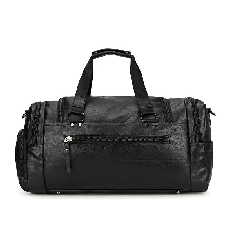 Black travel bag with shoe compartment measuring 52cm height, 19cm width, and 27cm depth