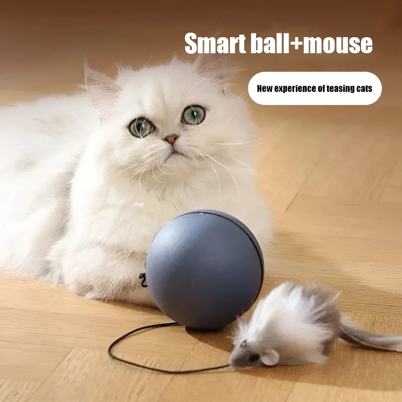 Automatic cat teasing ball toy with plush mouse attachment in blue orange and dark grey