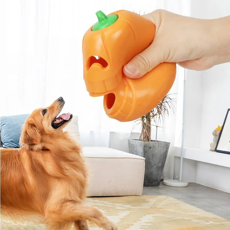 Yellow pumpkin-shaped TPR dog chew toy for aggressive chewers measuring 8.6x11.5 cm