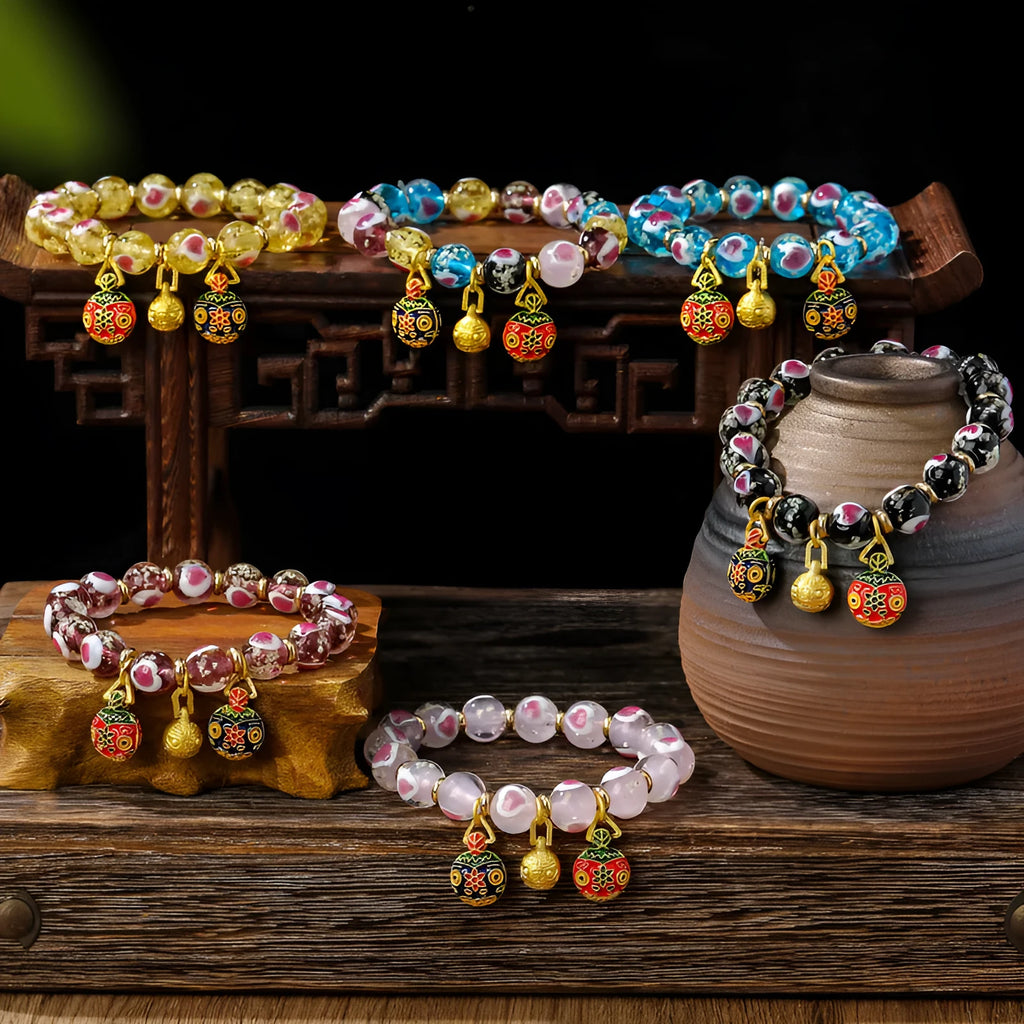 Handmade ancient fluorescent glaze bracelet with swallowing gold beast design on 10mm heart-shaped beads