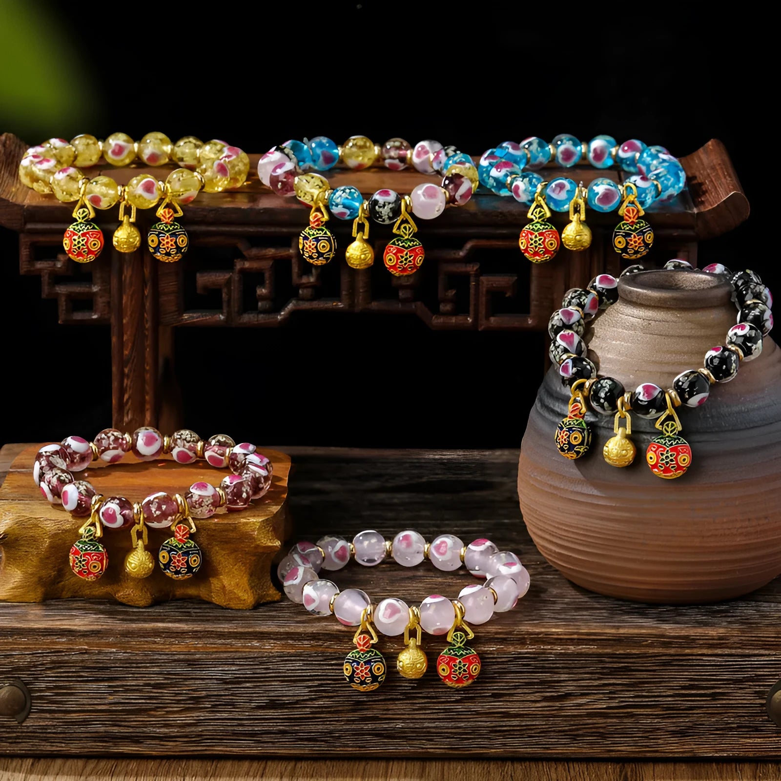 Handmade ancient fluorescent glaze bracelet with swallowing gold beast design on 10mm heart-shaped beads