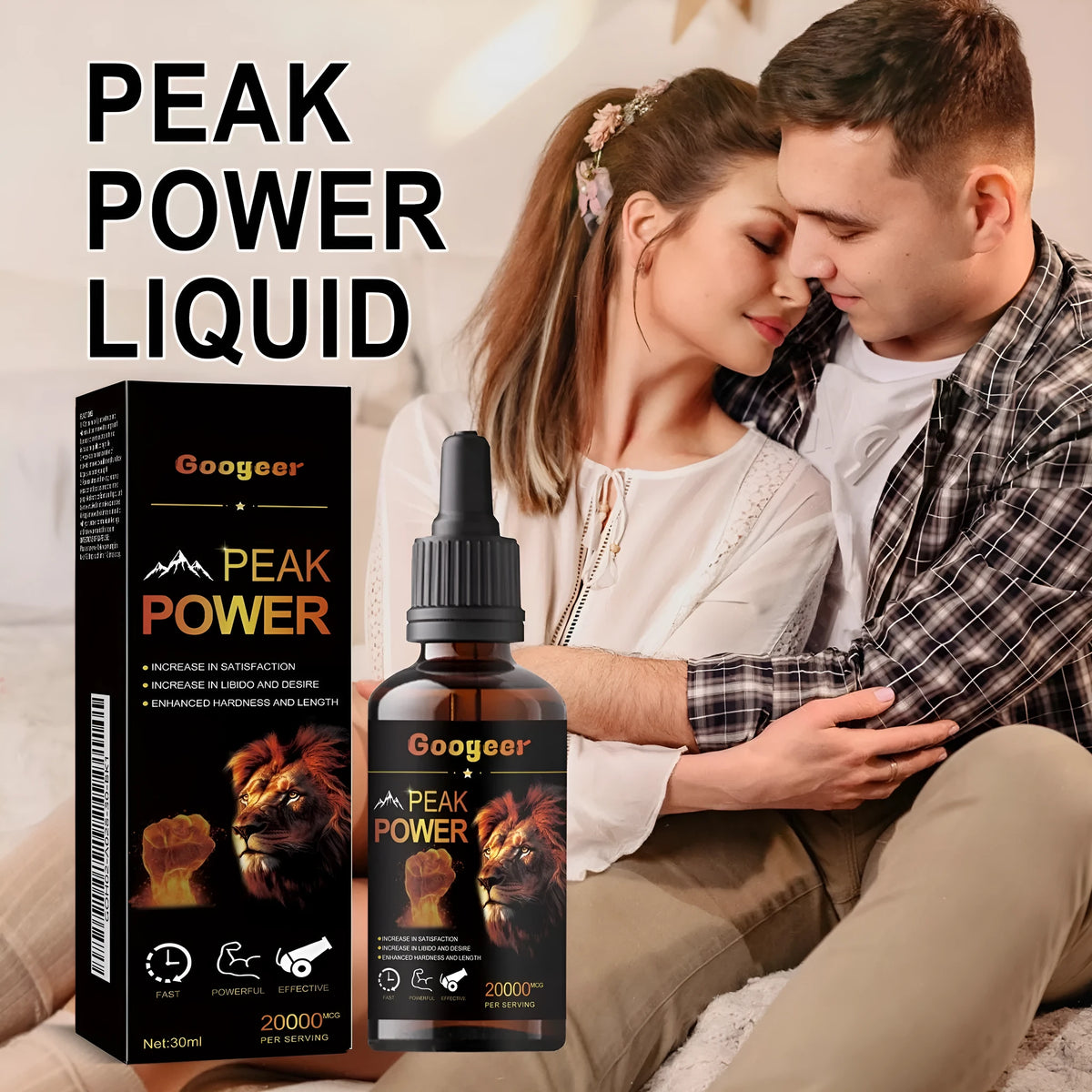 Googeer Peak Power 30ml liquid energy supplement bottle with measured dropper