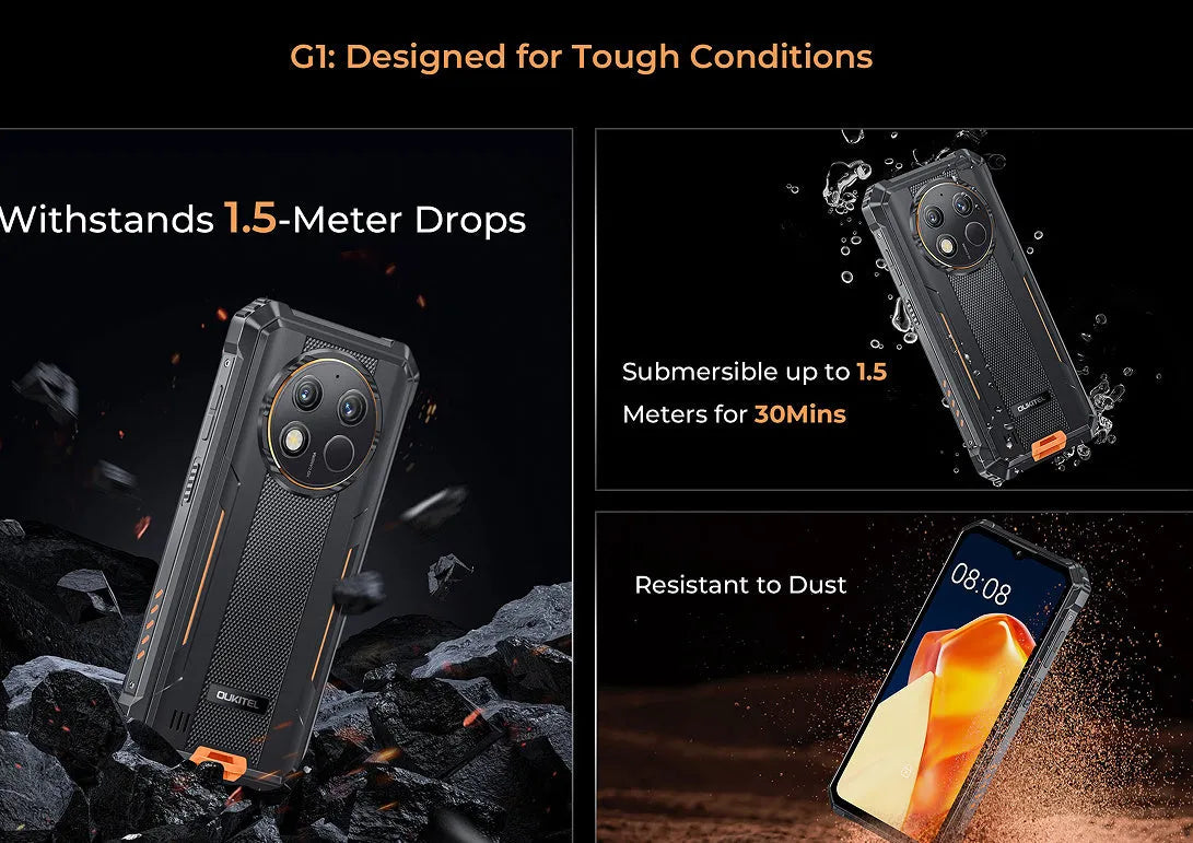 OUKITEL G1 mobile phone in grey, green, or orange colour on a plain background.