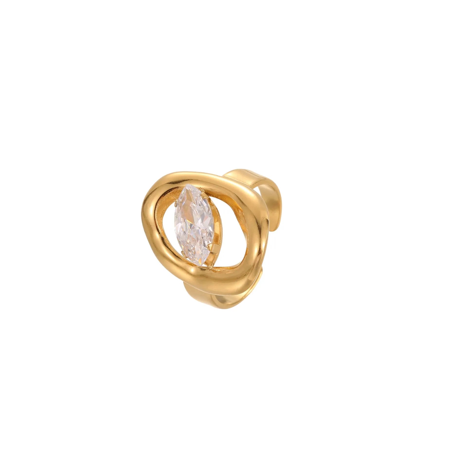 Adjustable stainless steel ring with geometric zircon shapes on a silver-toned band.