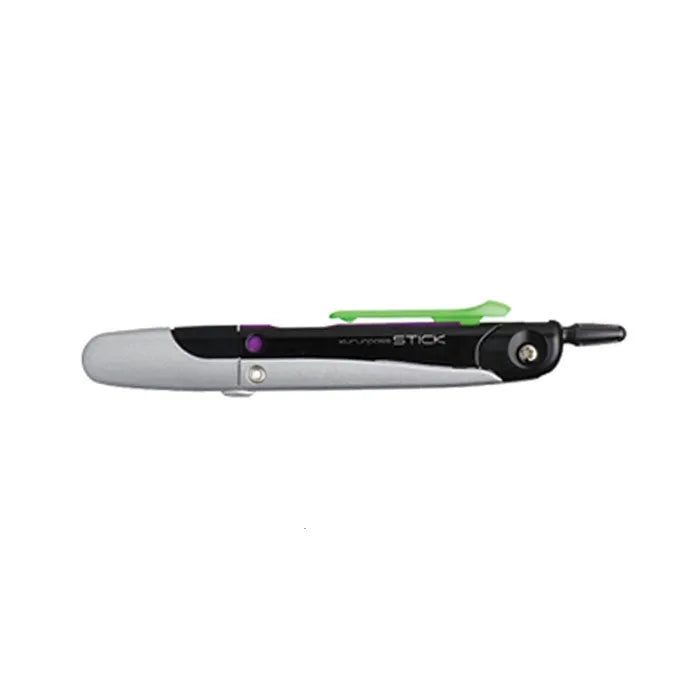 Blue automatic pen with integrated compass, protective cover, shown at 122mm length next to a pencil case.