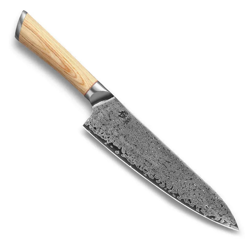 Damascus kitchen knife set with 12 stainless steel knives, 67-layer forging, and New Chinese style design on a wooden block