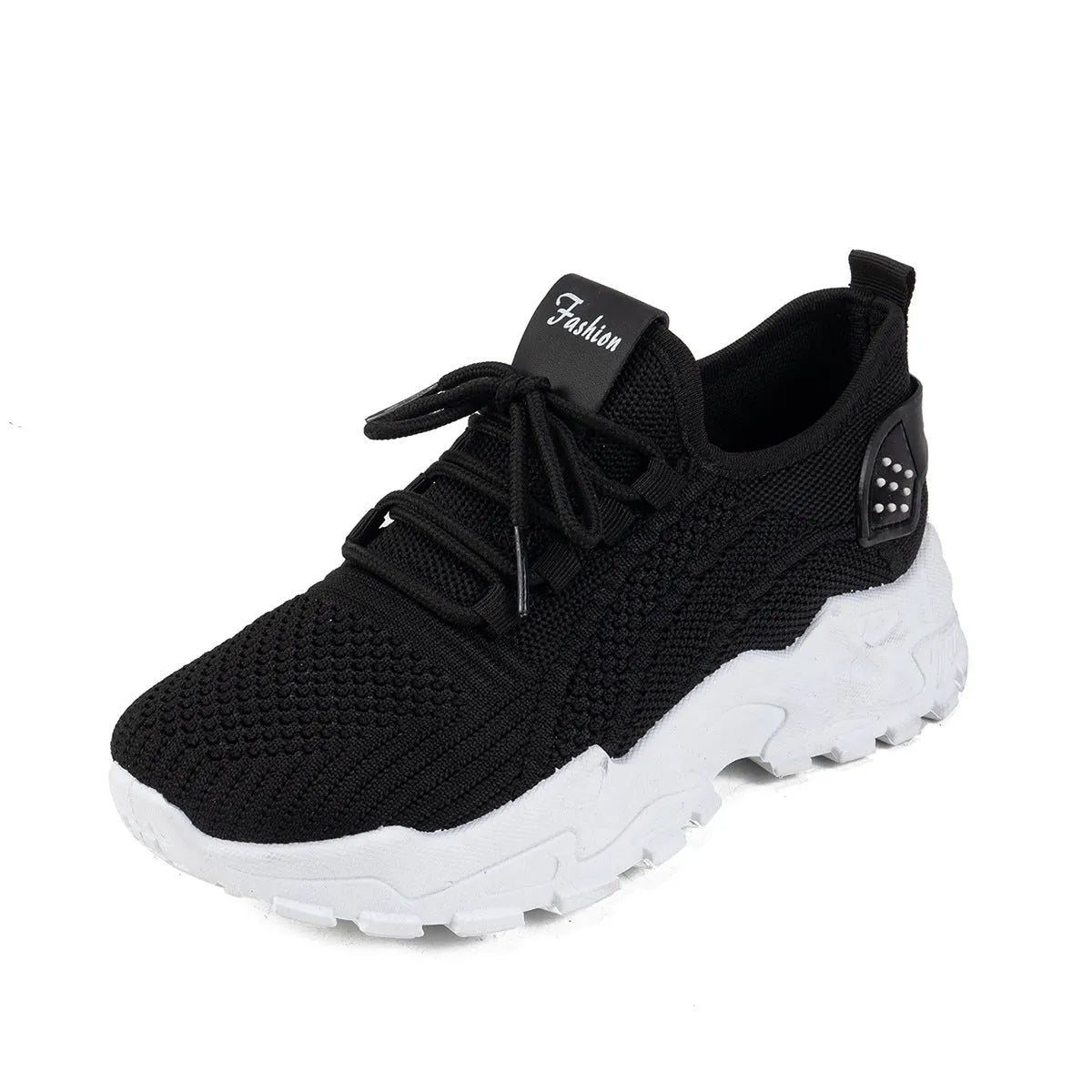 Women's white Flyknit mesh casual sports shoes with flat heel and lace-up front.