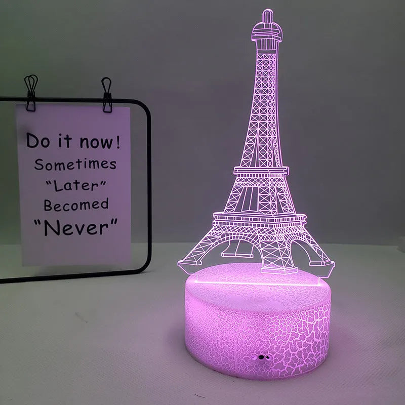 Seven colour Eiffel Tower silhouette 3D visual acrylic table lamp with touch control.