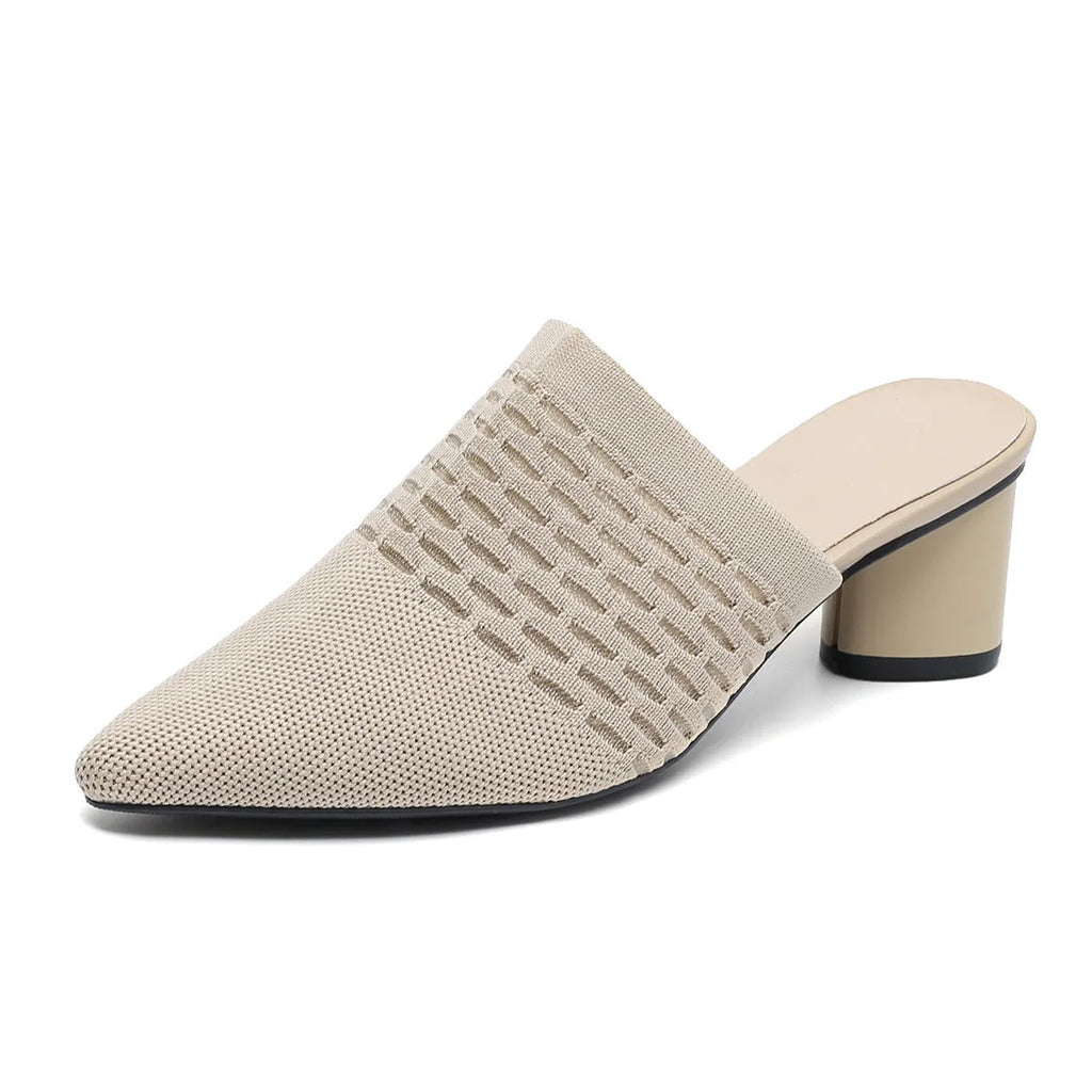 Women's black pointed toe sandals with a fabric upper and 5cm chunky rubber heel.