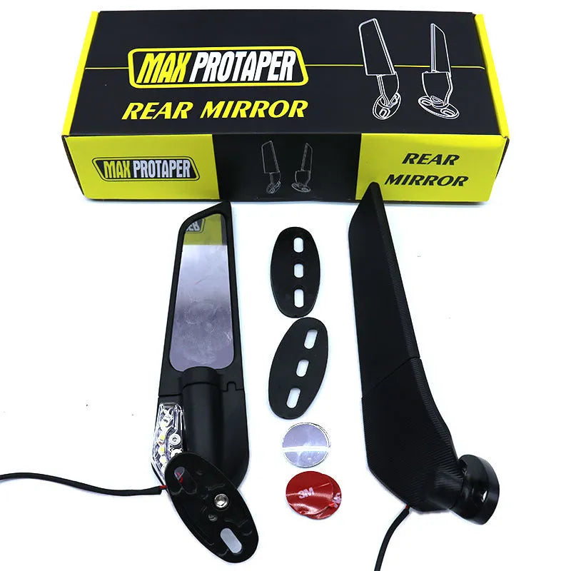 Motorcycle spoiler rearview mirror with convex glass lens and die-cast aluminium housing, showing 6mm thread mounting