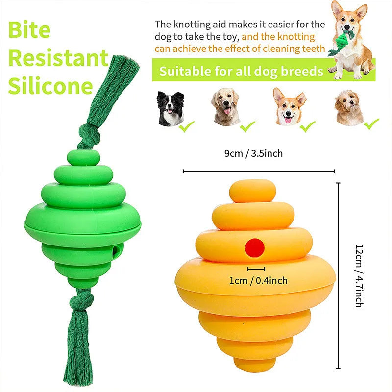 Green and yellow dog ball with rope toy, food dispenser design for large dogs, 12cm size