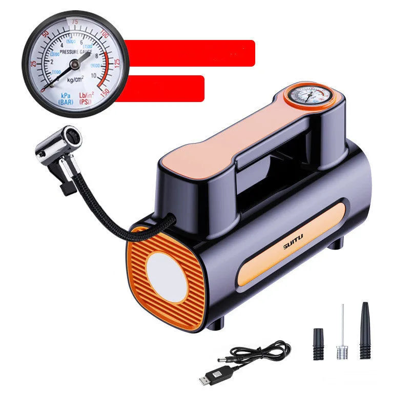 Black portable tyre inflator with digital LCD screen, USB charging port, and built-in battery.