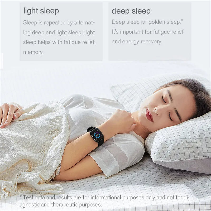 Black waterproof smart bracelet with 1.4-inch HD screen on silicone strap, showing health monitoring display