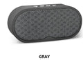 Grey Bluetooth wireless speaker with HD microphone, TF card slot, and USB input on plastic casing