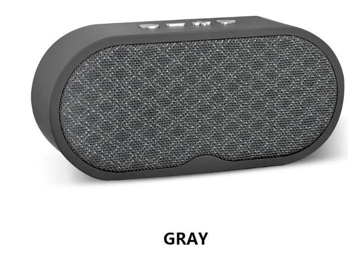 Grey Bluetooth wireless speaker with HD microphone, TF card slot, and USB input on plastic casing