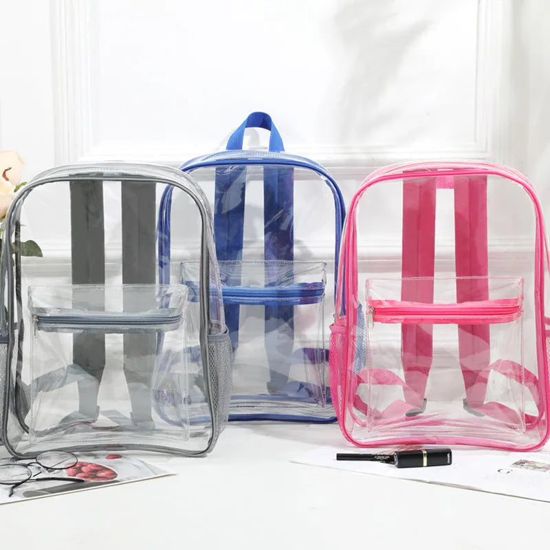 Transparent large PVC backpack in sapphire blue colour, showing contents inside.