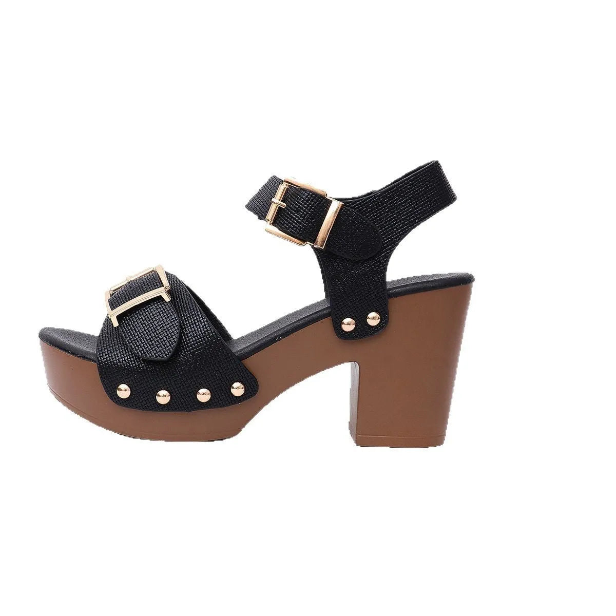 Women's plus size buckle closure high heel sandals in beige, shown on a white background