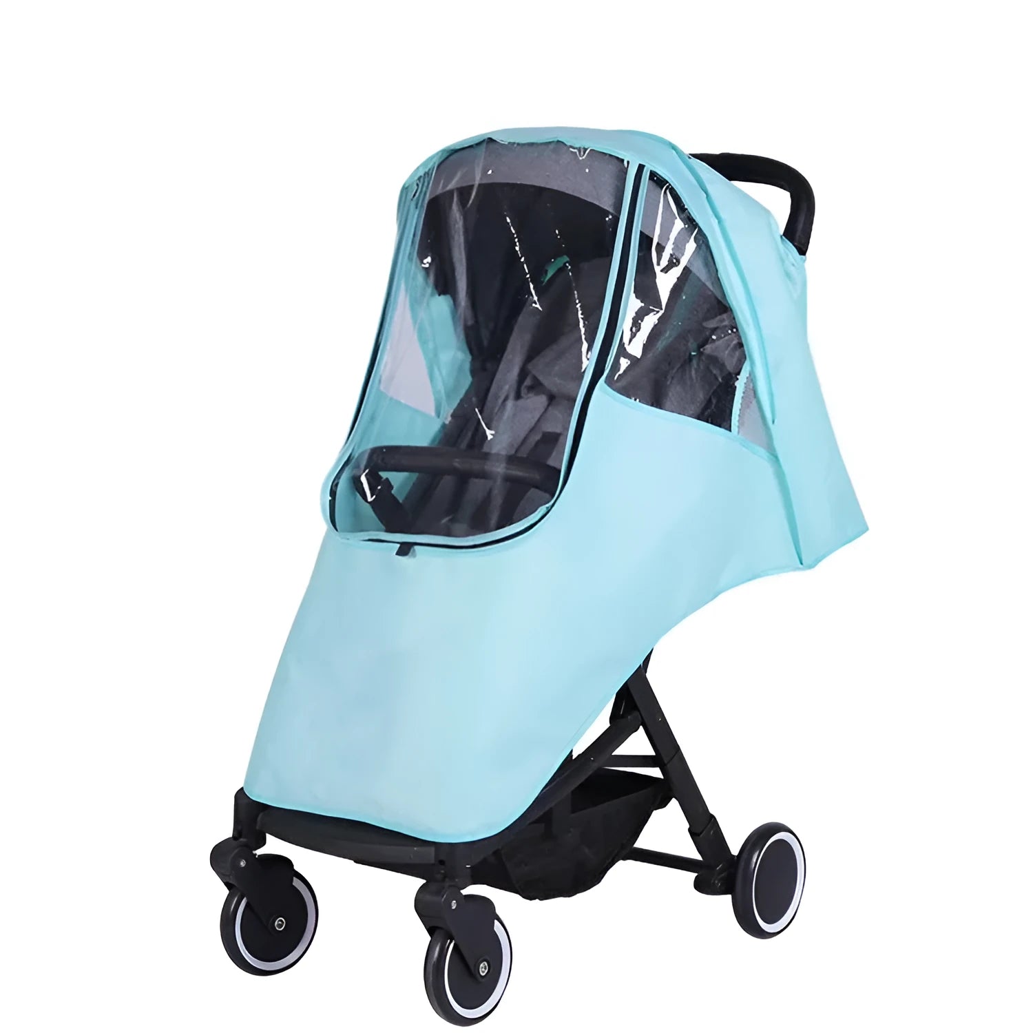 Universal baby stroller rain cover in blue colour with waterproof exterior and fleece lining
