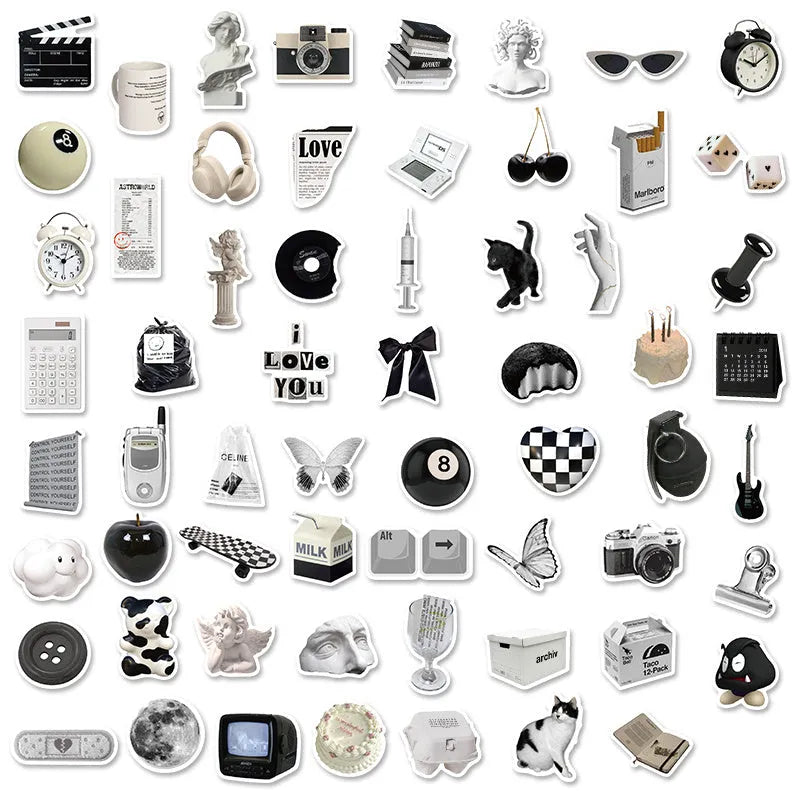 Black and white PVC waterproof sticker set with 61 designs for laptop and device personalisation